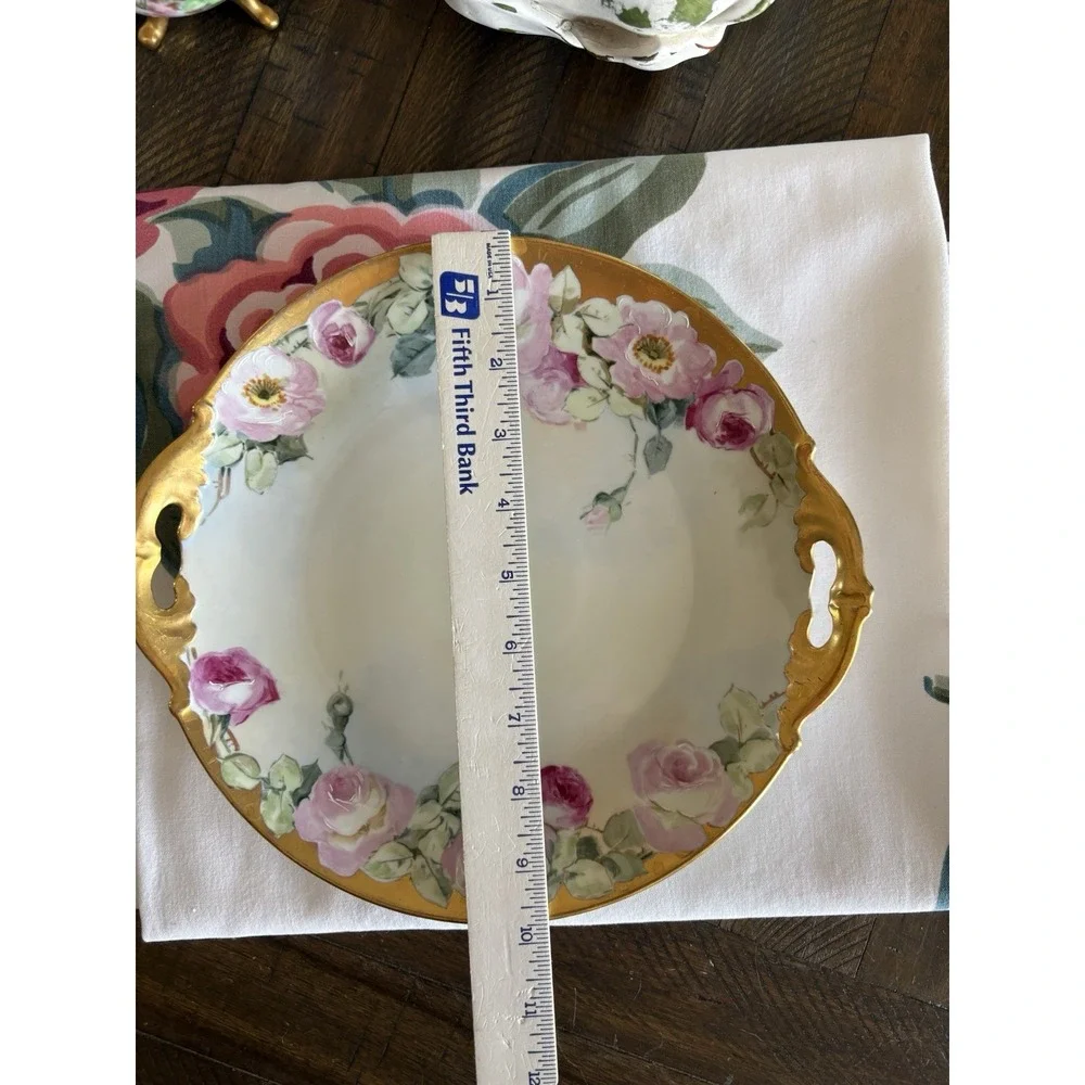 VTG MZ Austria Hand Painted Roses Porcelain Cake Plate Gold Handles Limoges Like